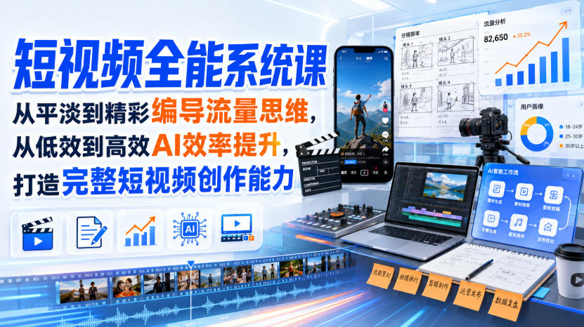 短视频全能系统课,从平淡到精彩编导流量思维,从低效到高效AI效率提升,打造完整短视频创作能力(2026年8月30更新233集)-龙部落