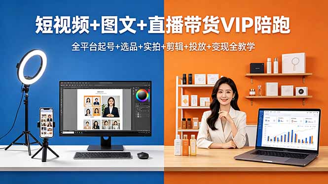短视频+图文+直播带货VIP陪跑，全平台起号+选品+实拍+剪辑+投放+变现全教学-龙部落