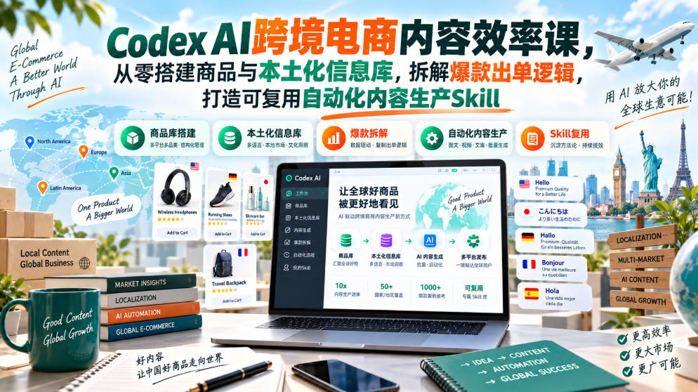 Codex AI跨境电商内容效率课,从零搭建商品与本土化信息库,拆解爆款出单逻辑,打造可复用自动化内容生产Skill-龙部落