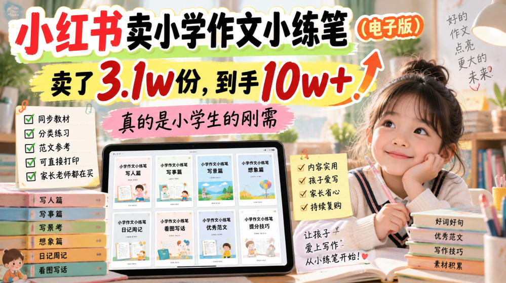 小红书卖小学作文小练笔（电子版），卖了3.1w份，到手10w+，真的是小学生的刚需-龙部落