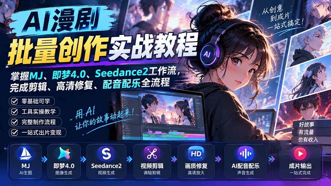 (20488期)AI漫剧批量创作实战教程:掌握MJ、即梦4.0、Seedance2工作流,完成剪辑、高清修复、配音配乐全流程-龙部落