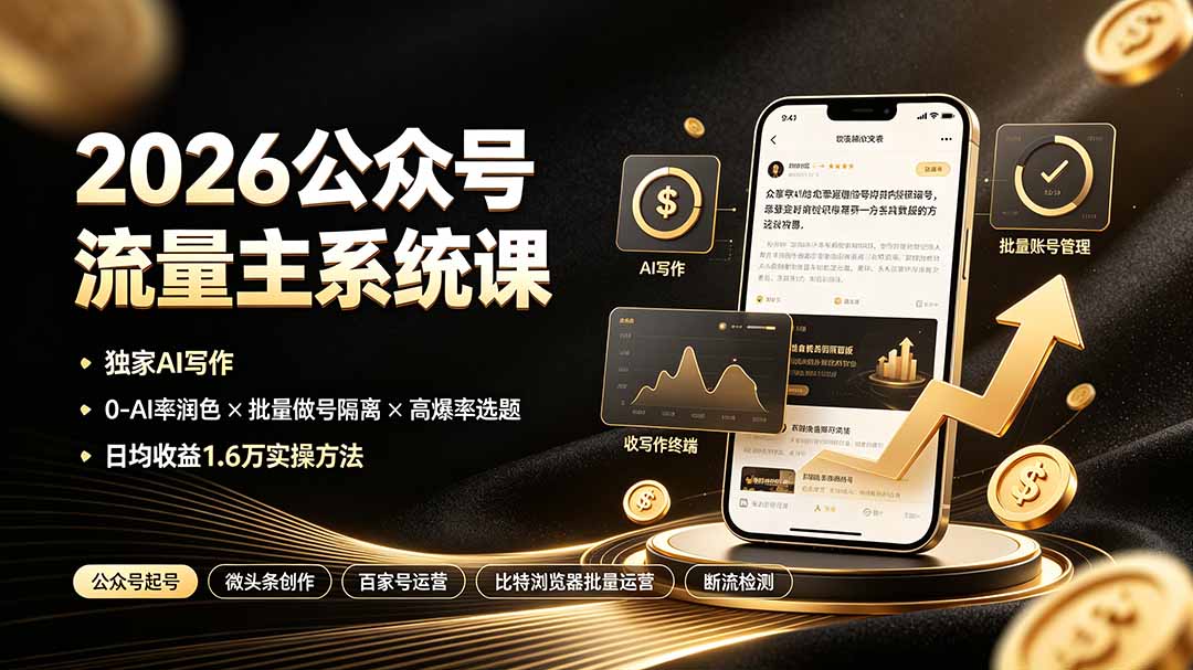 2026公众号流量主系统课：独家AI写作×0-AI率润色×批量做号隔离×高爆率选题，日均收益1.6万实操方法-龙部落