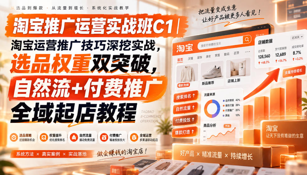 淘宝推广运营实战班C1|淘宝运营推广技巧深挖实战,选品权重双突破,自然流+付费推广全域起店教程-龙部落
