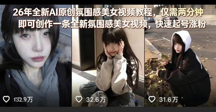 26年全新AI原创氛围感美女视频教程，仅需两分钟即可创作一条全新氛围感美女视频，快速起号涨粉-龙部落