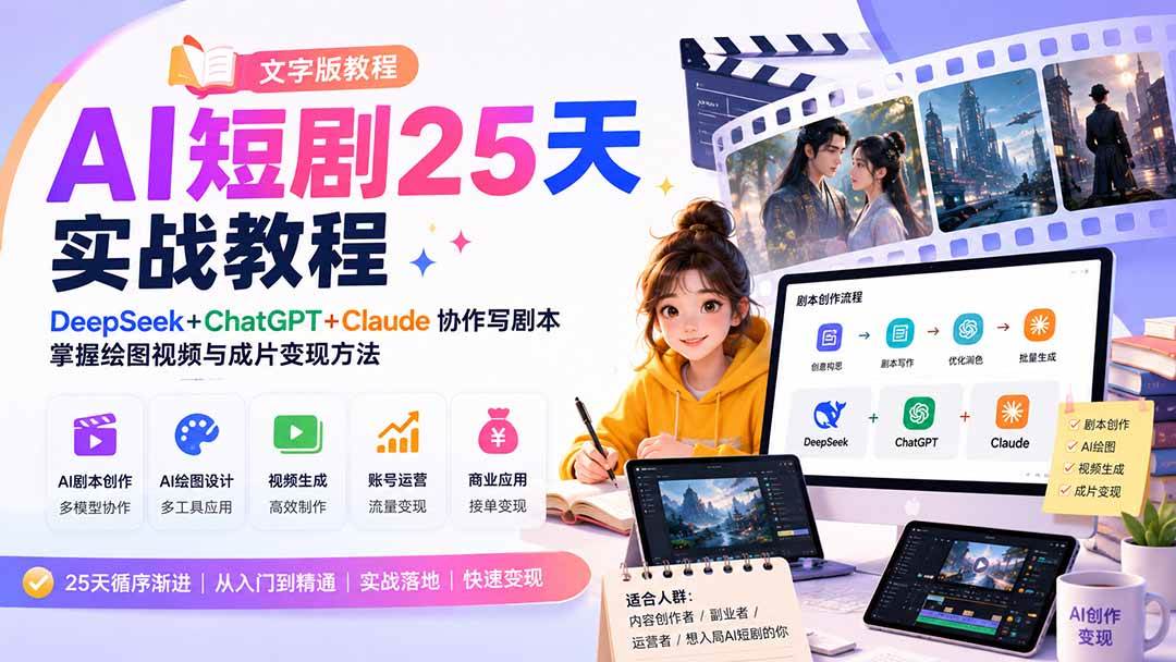 (20225期)AI短剧25天实战教程(文字版教程):DeepSeek+ChatGPT+Claude协作写剧本,掌握绘图视频与成片变现方法-龙部落