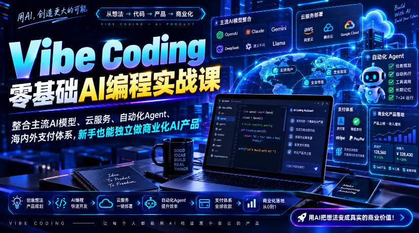 Vibe Coding零基础AI编程实战课-无水印，整合主流AI模型、云服务、自动化Agent、海内外支付体系，新手也能独立做商业化AI产品-龙部落