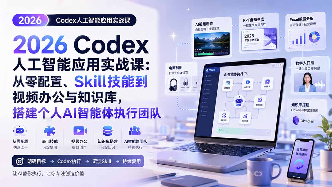 2026 Codex人工智能应用实战课:从零配置、Skill技能到视频办公与知识库,搭建个人AI智能体执行团队-龙部落