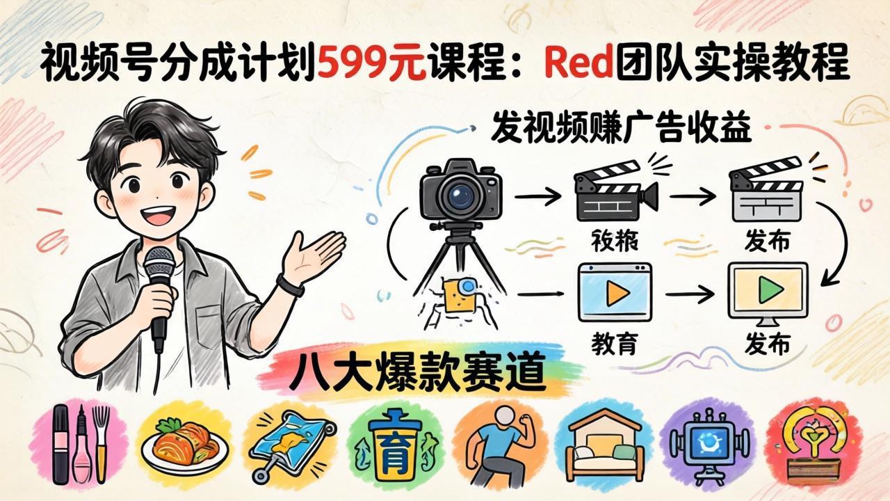 视频号分成计划599元课程：Red团队实操教程，发视频赚广告收益，八大爆款赛道全掌握-龙部落