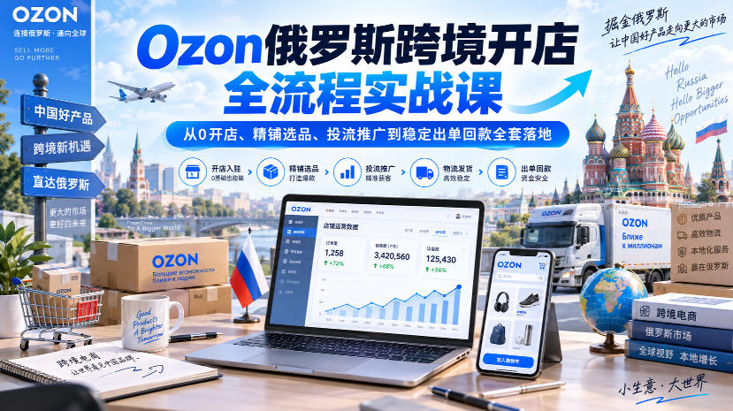 Ozon俄罗斯跨境开店全流程实战课｜从0开店、精铺选品、投流推广到稳定出单回款全套落地-龙部落