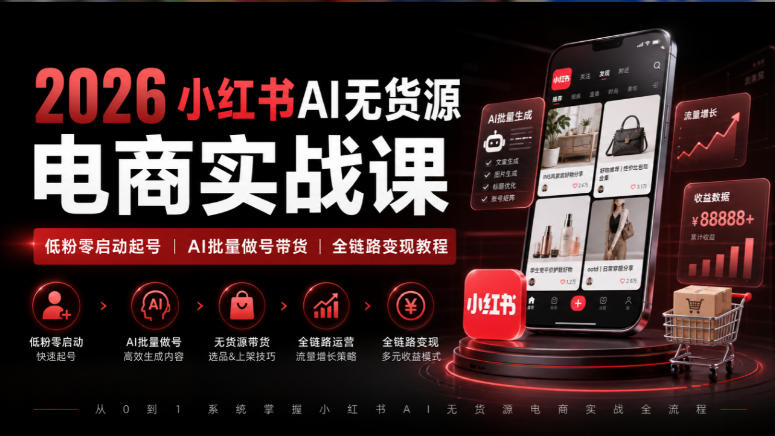 2026小红书AI无货源电商实战课｜低粉零启动起号｜AI批量做号带货全链路变现教程-龙部落