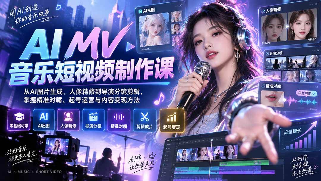 （20364期）AI MV音乐短视频制作课：从AI图片生成、人像精修到导演分镜剪辑，掌握精准对嘴、起号运营与内容变现方法-龙部落