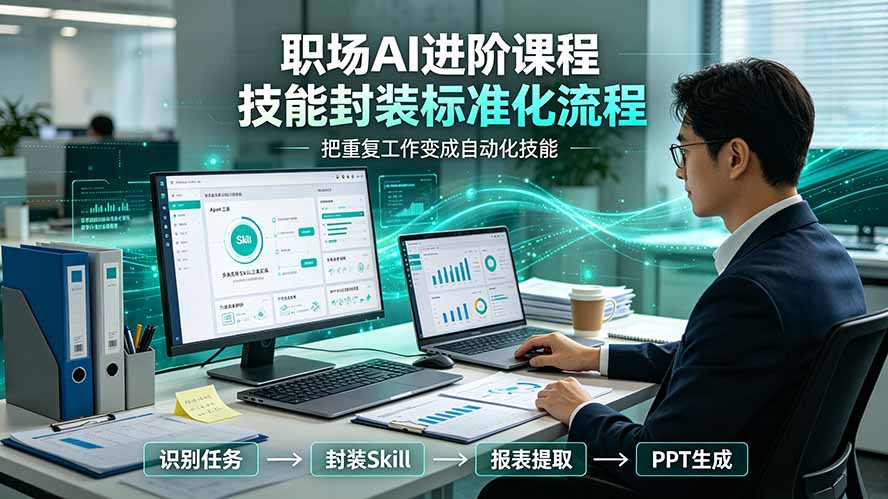 职场AI进阶课程；多类实用Skill工具实操，专属技能封装标准化流程，报表行业报告一键提取核心内容-龙部落