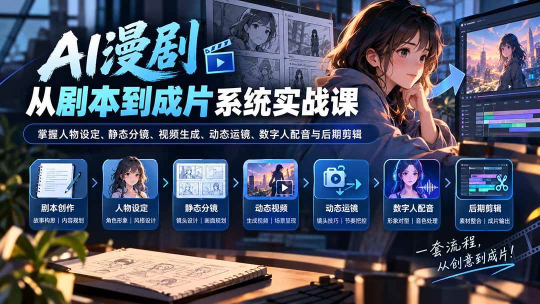 (20375期)AI漫剧从剧本到成片系统实战课:掌握人物设定、静态分镜、视频生成、动态运镜、数字人配音与后期剪辑-龙部落