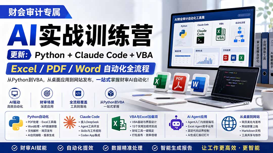 财会审计专属 AI实战训练营:Python+Claude Code+VBA,Excel/PDF/Word自动化全流程 (更新-龙部落