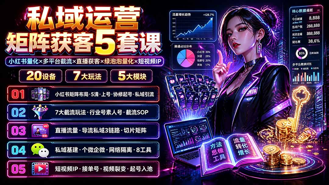 私域运营矩阵获客5套课：小红书量化×多平台截流×直播获客×绿泡泡量化×短视频IP×20设备×7大玩法-龙部落