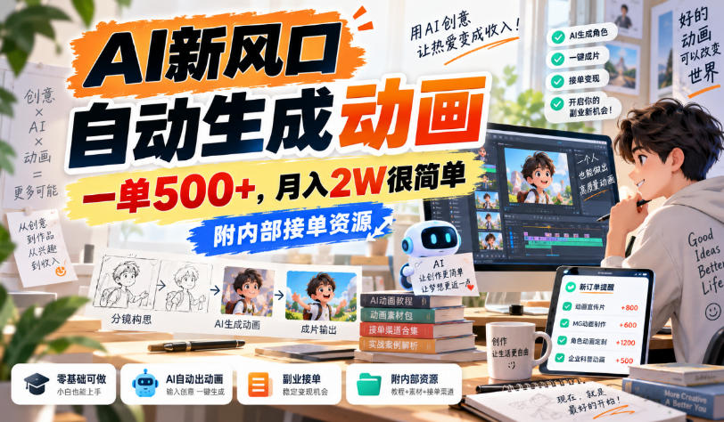 AI新风口,自动生成动画,一单500+,月入2W很简单,附内部接单资源【揭秘】-龙部落